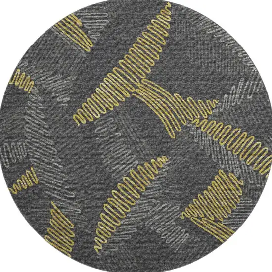 8' Gray Gold And Black Botanical Leaves Washable Round Rug With UV Protection Photo 4