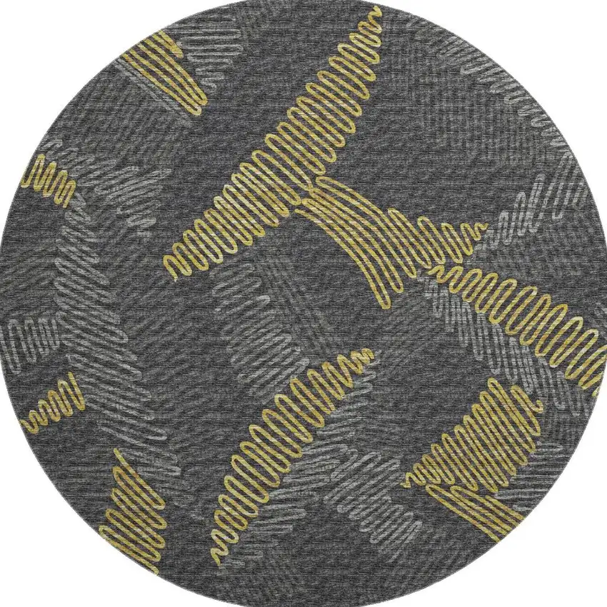 8' Gray Gold And Black Botanical Leaves Washable Round Rug With UV Protection Photo 4