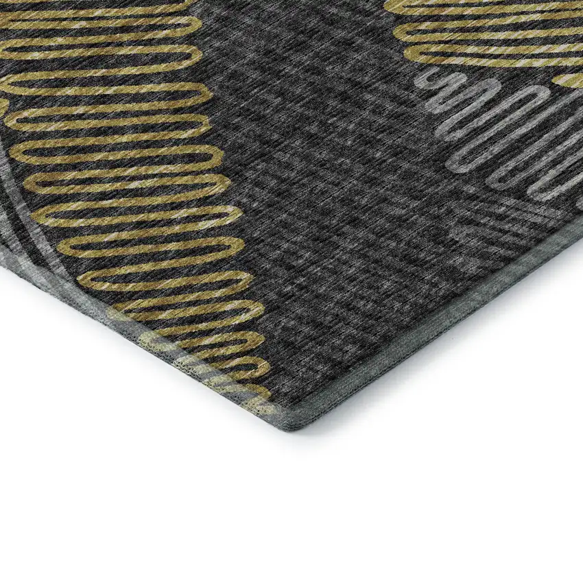 8' Gray Gold And Black Botanical Leaves Washable Round Rug With UV Protection Photo 7