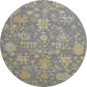 Photo of 8' Gray Gold And Blue Floral Washable Round Rug With UV Protection