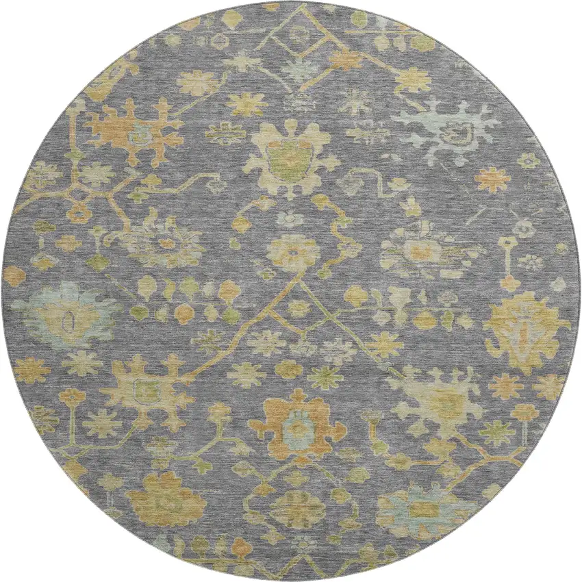 8' Gray Gold And Blue Floral Washable Round Rug With UV Protection Photo 1