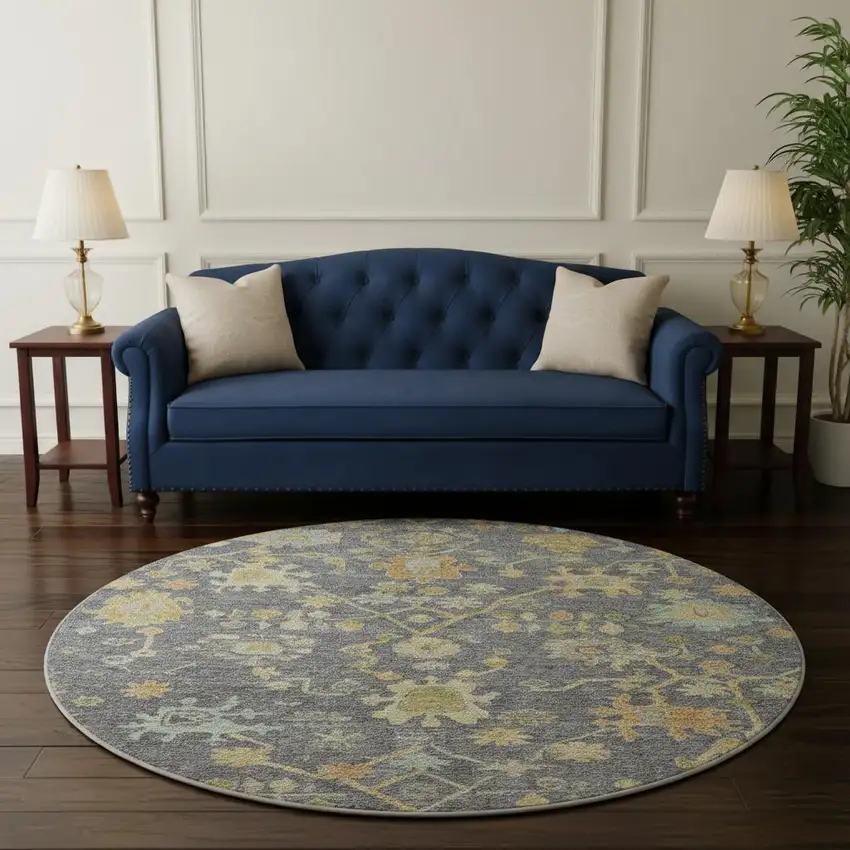 8' Gray Gold And Blue Floral Washable Round Rug With UV Protection Photo 2