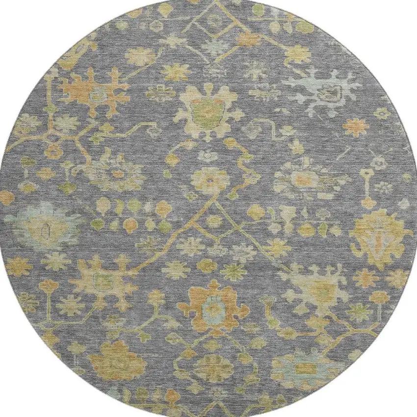 8' Gray Gold And Blue Floral Washable Round Rug With UV Protection Photo 4