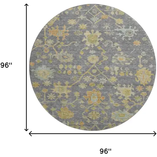 8' Gray Gold And Blue Floral Washable Round Rug With UV Protection Photo 9