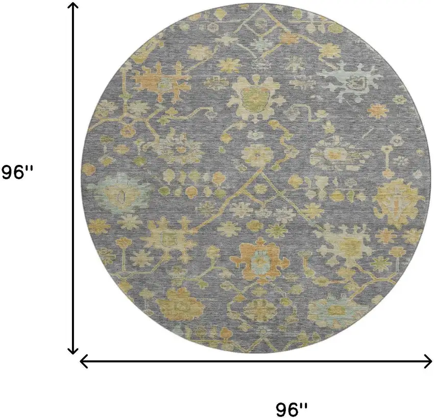 8' Gray Gold And Blue Floral Washable Round Rug With UV Protection Photo 9
