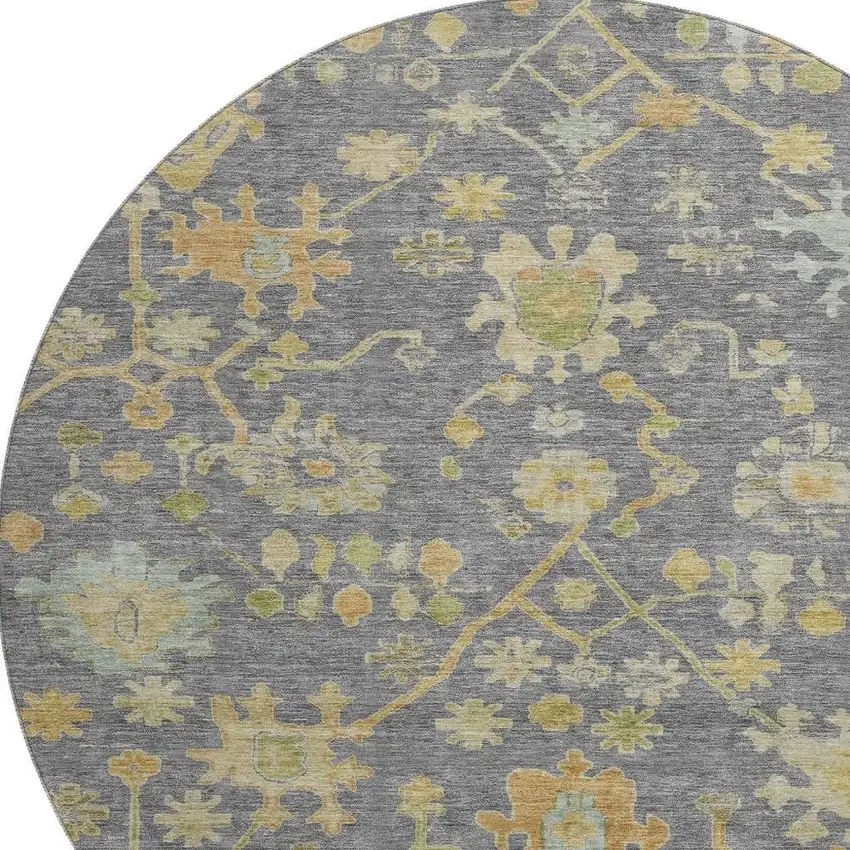 8' Gray Gold And Blue Floral Washable Round Rug With UV Protection Photo 3
