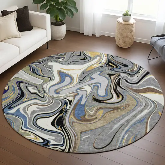 8' Gray Gold And Blue Round Abstract Washable Indoor Outdoor Area Rug Photo 5