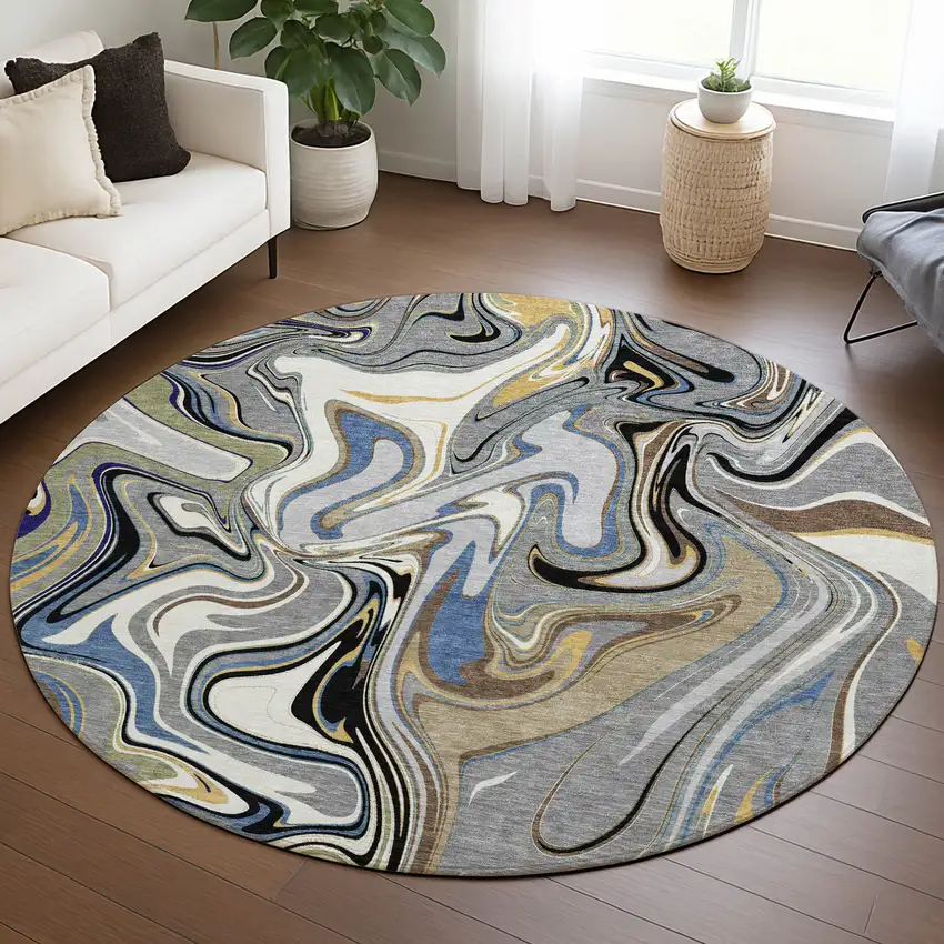 8' Gray Gold And Blue Round Abstract Washable Indoor Outdoor Area Rug Photo 5