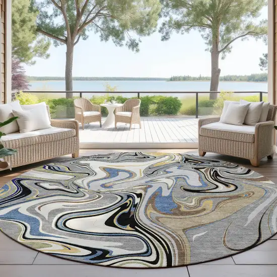 8' Gray Gold And Blue Round Abstract Washable Indoor Outdoor Area Rug Photo 4