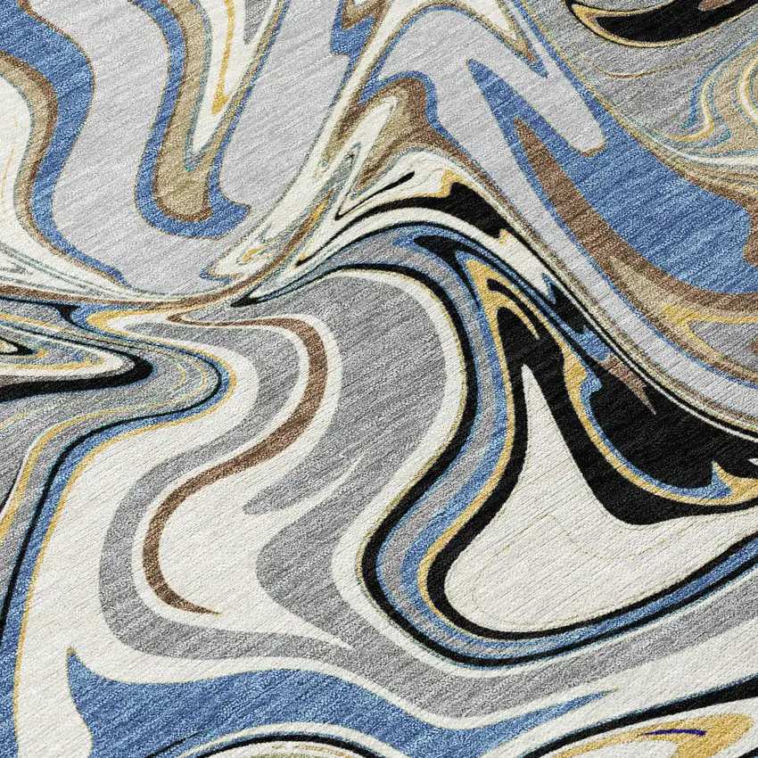 8' Gray Gold And Blue Round Abstract Washable Indoor Outdoor Area Rug Photo 9