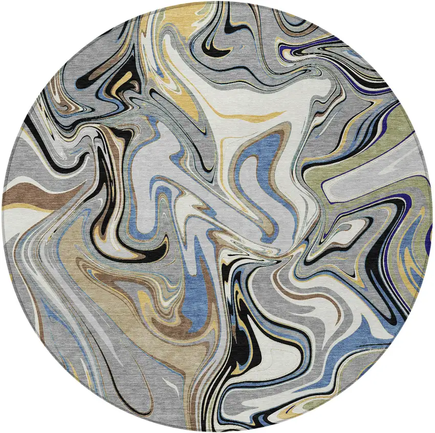 8' Gray Gold And Blue Round Abstract Washable Indoor Outdoor Area Rug Photo 3