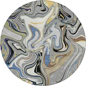 Photo of 8' Gray Gold And Blue Round Abstract Washable Indoor Outdoor Area Rug