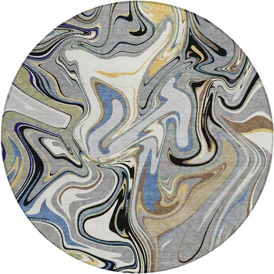 8' Gray Gold And Blue Round Abstract Washable Indoor Outdoor Area Rug Photo 1