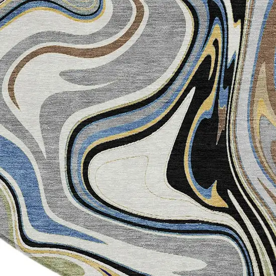 8' Gray Gold And Blue Round Abstract Washable Indoor Outdoor Area Rug Photo 2