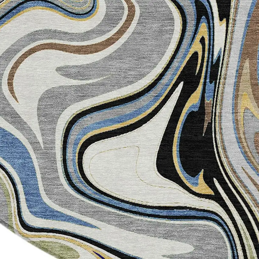8' Gray Gold And Blue Round Abstract Washable Indoor Outdoor Area Rug Photo 2