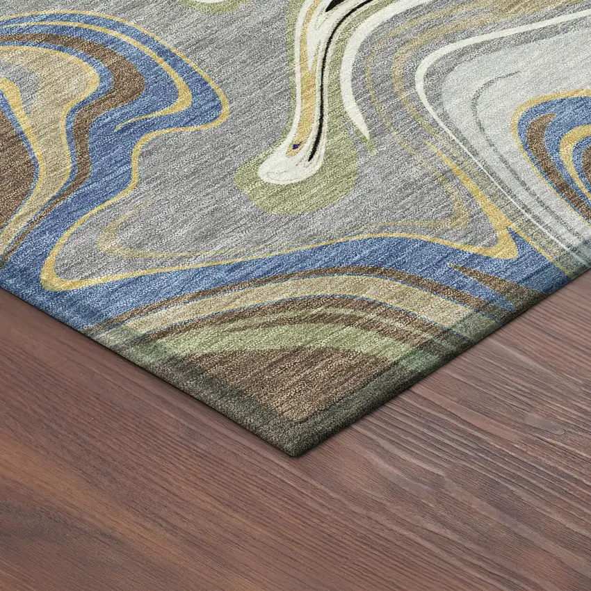 8' Gray Gold And Blue Round Abstract Washable Indoor Outdoor Area Rug Photo 8