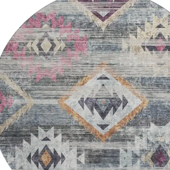 8' Gray Gold And Blush Southwestern Washable Round Rug With UV Protection Photo 3