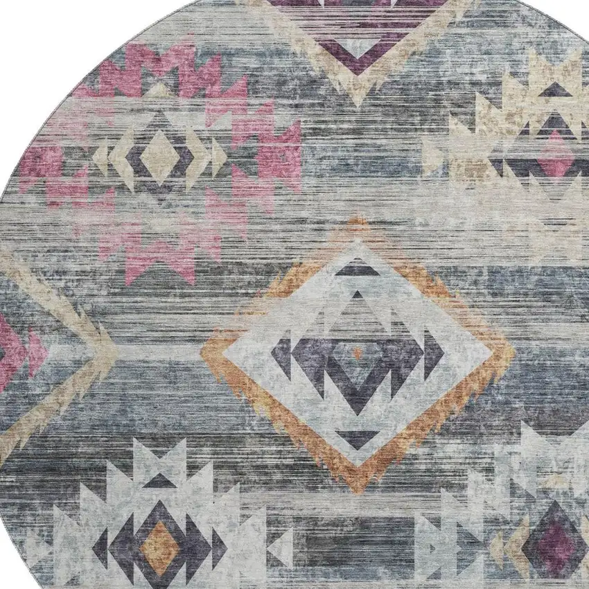 8' Gray Gold And Blush Southwestern Washable Round Rug With UV Protection Photo 3