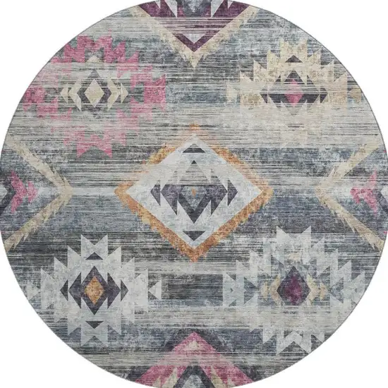 8' Gray Gold And Blush Southwestern Washable Round Rug With UV Protection Photo 4