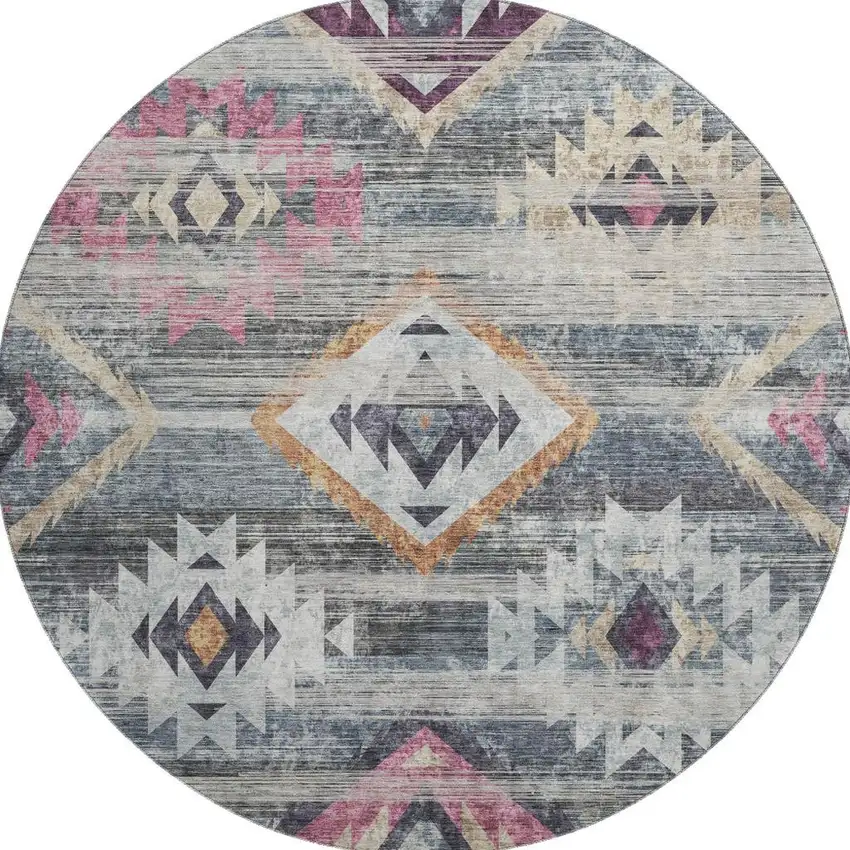 8' Gray Gold And Blush Southwestern Washable Round Rug With UV Protection Photo 4