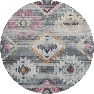 Photo of 8' Gray Gold And Blush Southwestern Washable Round Rug With UV Protection