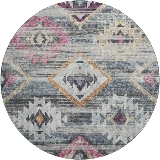8' Gray Gold And Blush Southwestern Washable Round Rug With UV Protection Photo 1