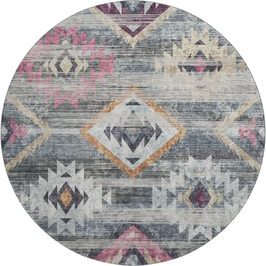 8' Gray Gold And Blush Southwestern Washable Round Rug With UV Protection Photo 1