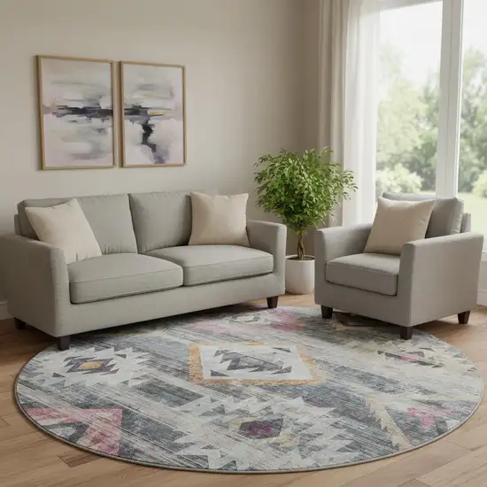 8' Gray Gold And Blush Southwestern Washable Round Rug With UV Protection Photo 1