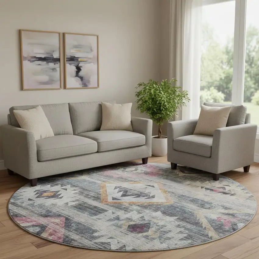 8' Gray Gold And Blush Southwestern Washable Round Rug With UV Protection Photo 1