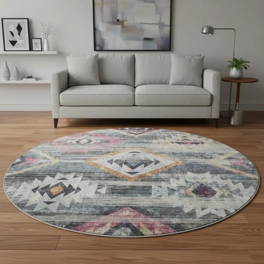 8' Gray Gold And Blush Southwestern Washable Round Rug With UV Protection Photo 2
