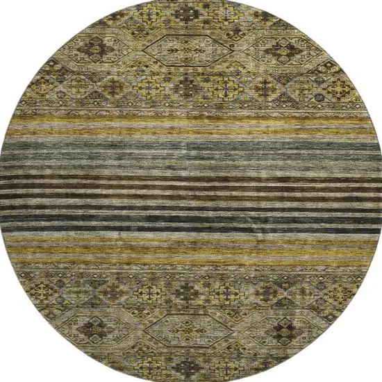 8' Gray Gold And Brown Striped Washable Round Rug With UV Protection Photo 2