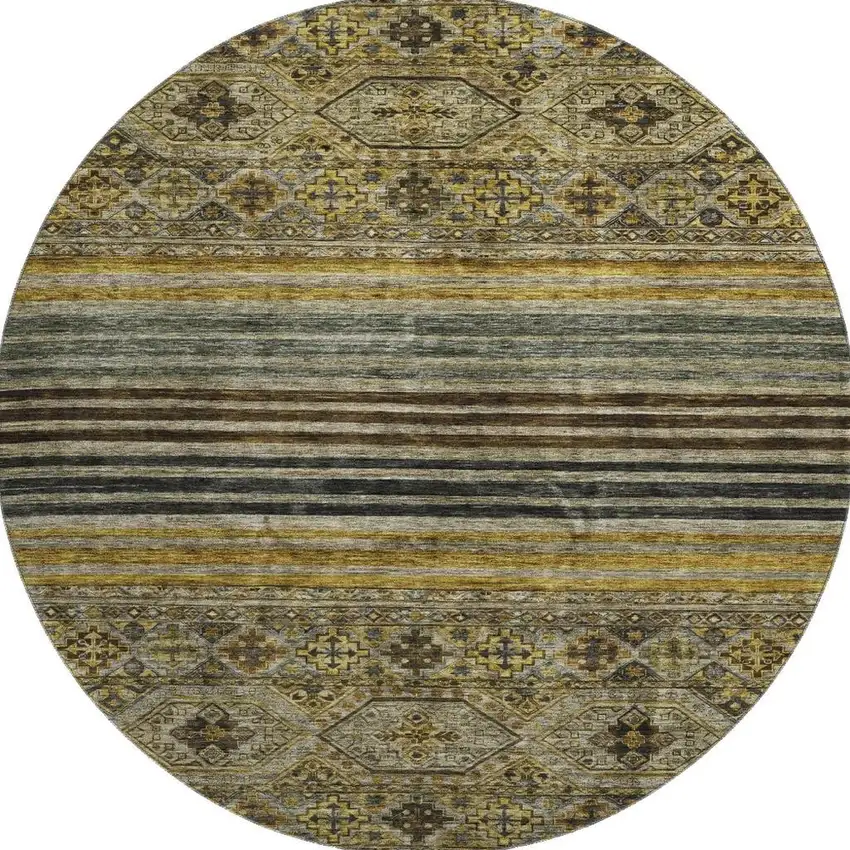 8' Gray Gold And Brown Striped Washable Round Rug With UV Protection Photo 2