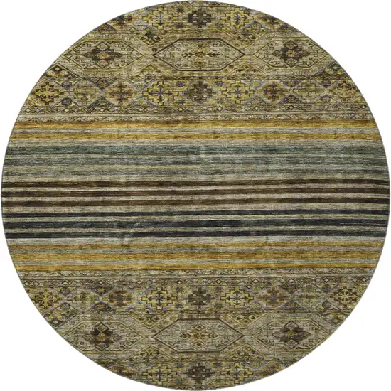 8' Gray Gold And Brown Striped Washable Round Rug With UV Protection Photo 3