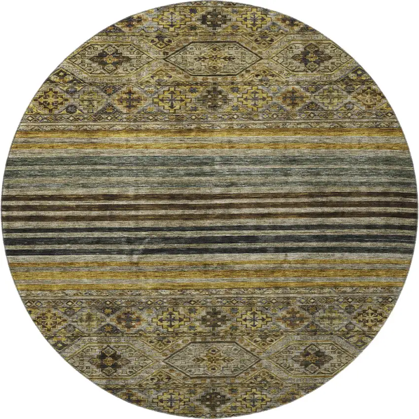 8' Gray Gold And Brown Striped Washable Round Rug With UV Protection Photo 3