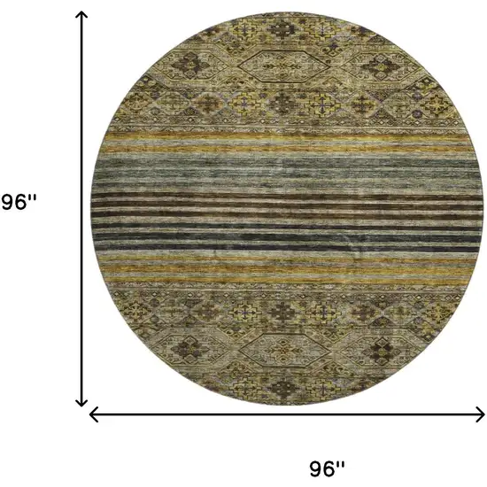 8' Gray Gold And Brown Striped Washable Round Rug With UV Protection Photo 9