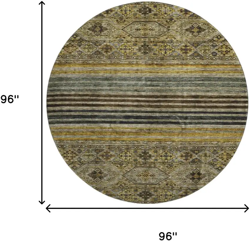 8' Gray Gold And Brown Striped Washable Round Rug With UV Protection Photo 9