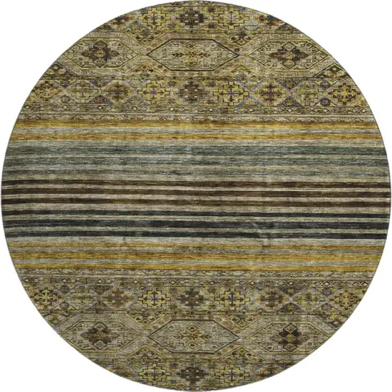 8' Gray Gold And Brown Striped Washable Round Rug With UV Protection Photo 1