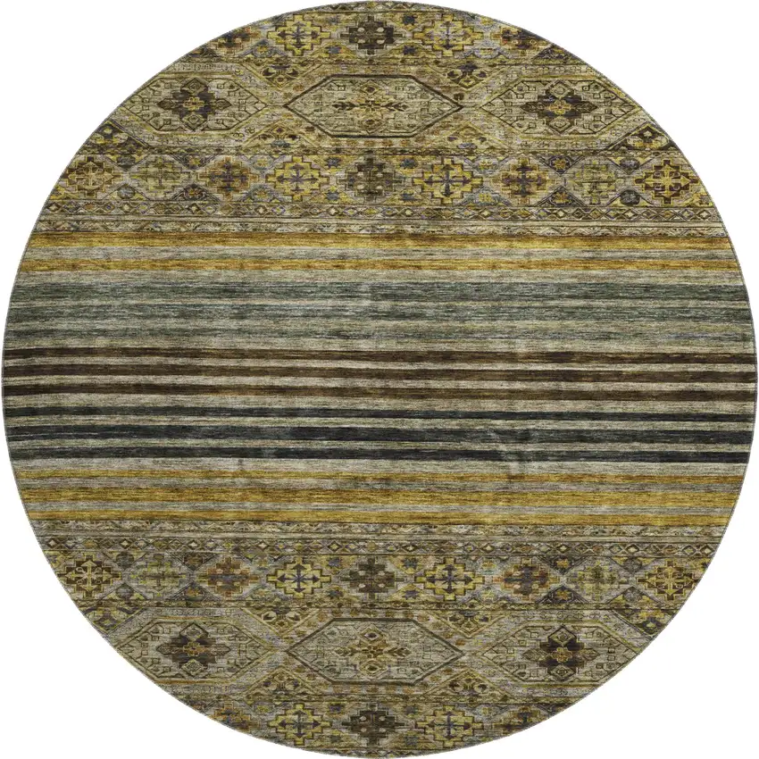 8' Gray Gold And Brown Striped Washable Round Rug With UV Protection Photo 1