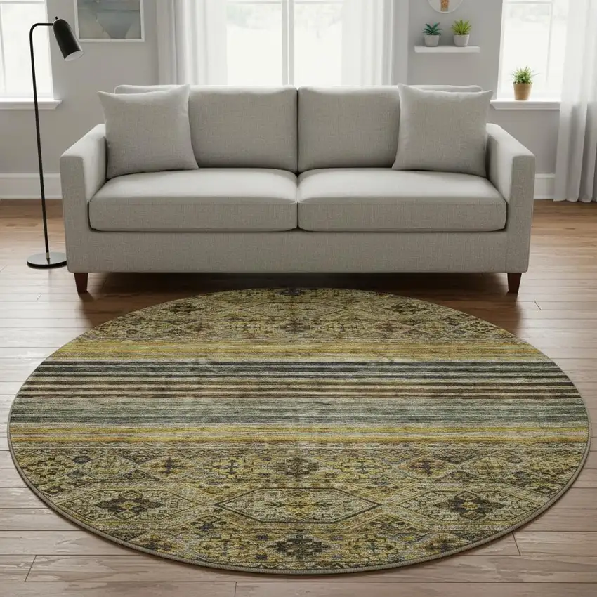 8' Gray Gold And Brown Striped Washable Round Rug With UV Protection Photo 2