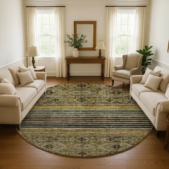 8' Gray Gold And Brown Striped Washable Round Rug With UV Protection Photo 4