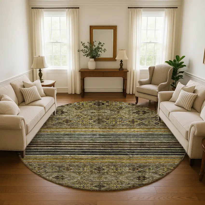 8' Gray Gold And Brown Striped Washable Round Rug With UV Protection Photo 4