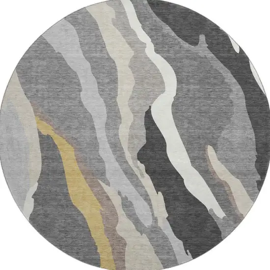 8' Gray Gold And Charcoal Abstract Washable Round Rug With UV Protection Photo 2