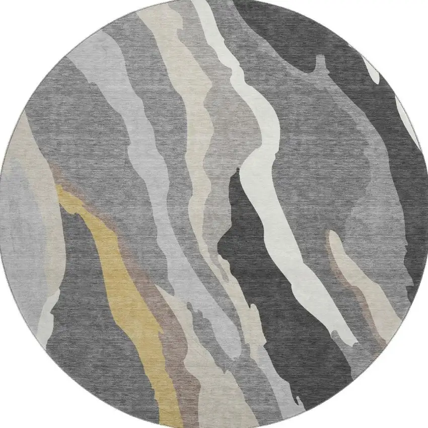 8' Gray Gold And Charcoal Abstract Washable Round Rug With UV Protection Photo 2