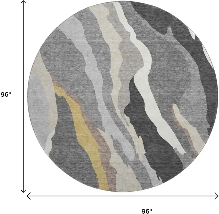 8' Gray Gold And Charcoal Abstract Washable Round Rug With UV Protection Photo 9