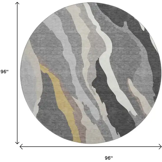 8' Gray Gold And Charcoal Abstract Washable Round Rug With UV Protection Photo 9