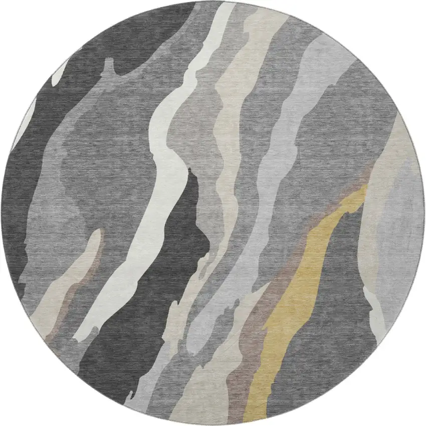 8' Gray Gold And Charcoal Abstract Washable Round Rug With UV Protection Photo 3