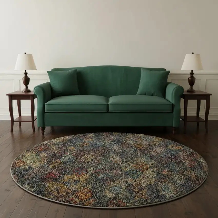 8' Gray Gold And Coral Abstract Geometric Washable Round Rug With UV Protection Photo 2