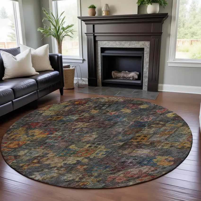 8' Gray Gold And Coral Abstract Geometric Washable Round Rug With UV Protection Photo 4