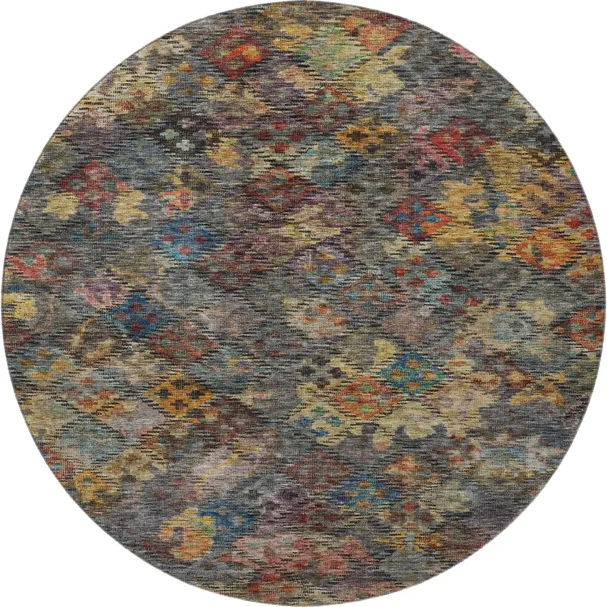 8' Gray Gold And Coral Abstract Geometric Washable Round Rug With UV Protection Photo 3