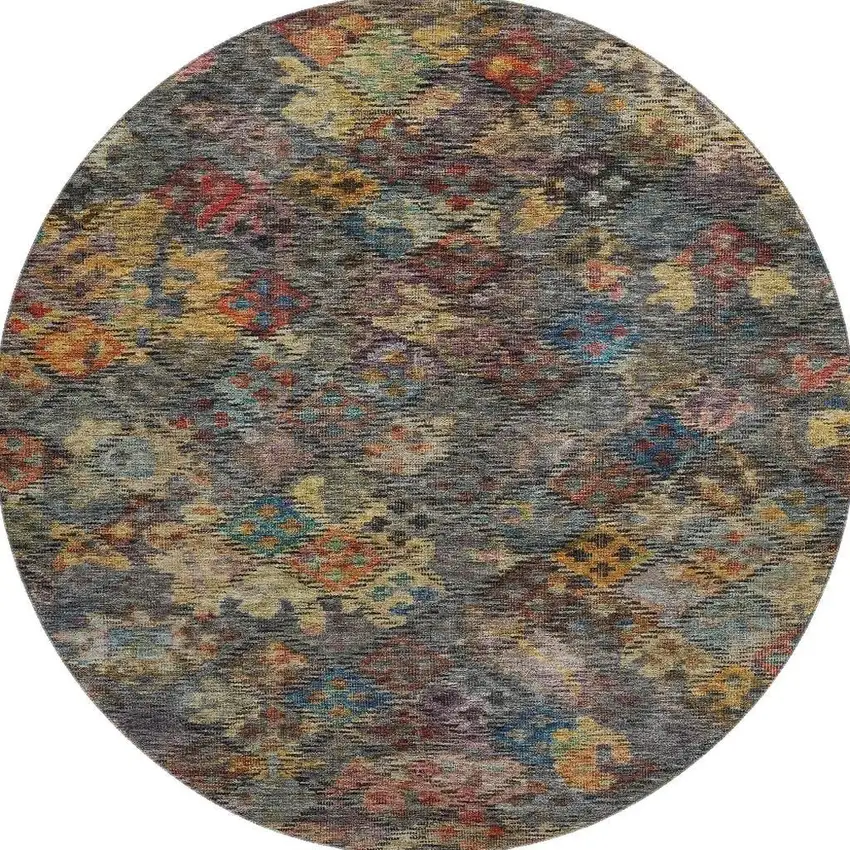 8' Gray Gold And Coral Abstract Geometric Washable Round Rug With UV Protection Photo 2